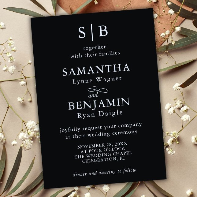 Klassische Schwarz-Weiß-Monogramm-Initialen Hochze Einladung (Von Creator hochgeladen)