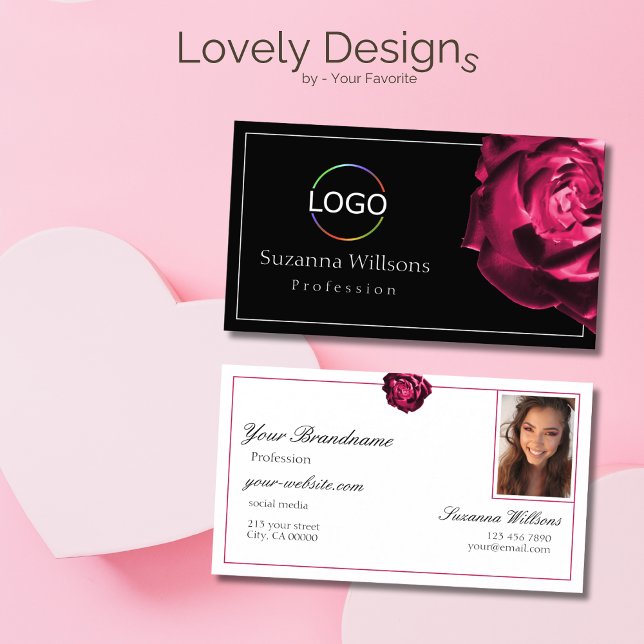 Klassische Schwarz-Weiß-Rote Rose mit Logo-Foto Visitenkarte (Von Creator hochgeladen)