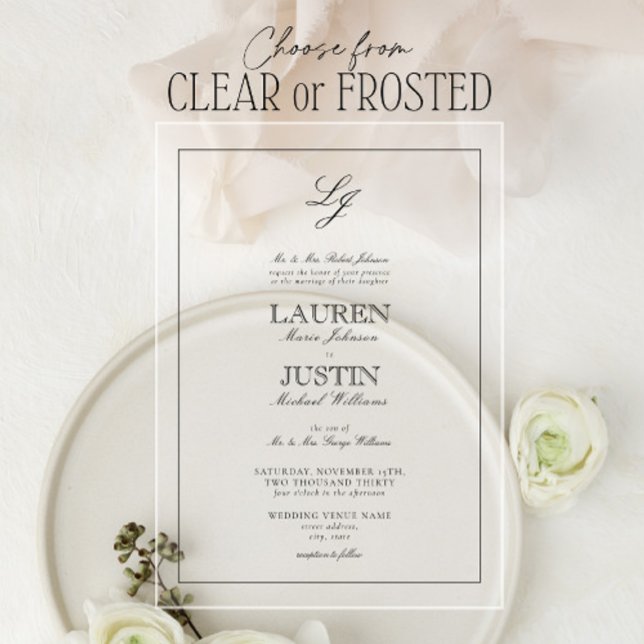 Klassische Schwarz-Weiß-Script-Monogramm-Hochzeit Acryleinladungen (Von Creator hochgeladen)
