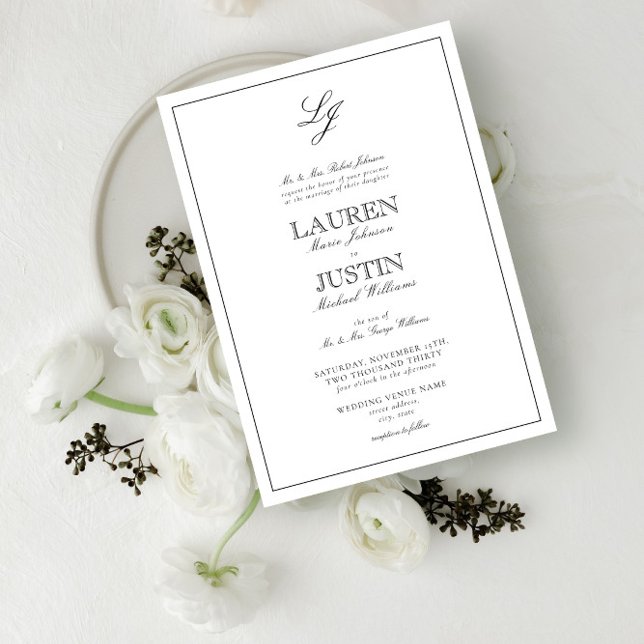 Klassische Schwarz-Weiß-Script-Monogramm-Hochzeit Einladung (Von Creator hochgeladen)