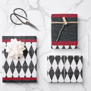 Klassische Schwarz-weiße Harlequin Raute Diamant Geschenkpapier Set