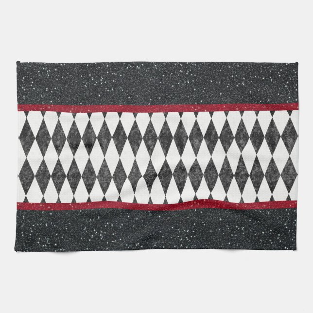 Klassische Schwarz-weiße Harlequin Raute Diamant Geschirrtuch (Horizontal)