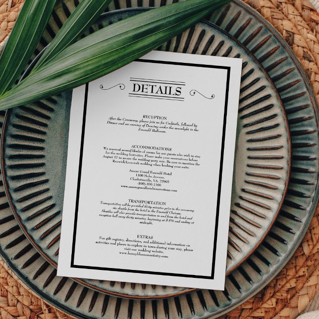 Klassische Schwarz-weiße Hochzeitdetails Begleitkarte (Von Creator hochgeladen)