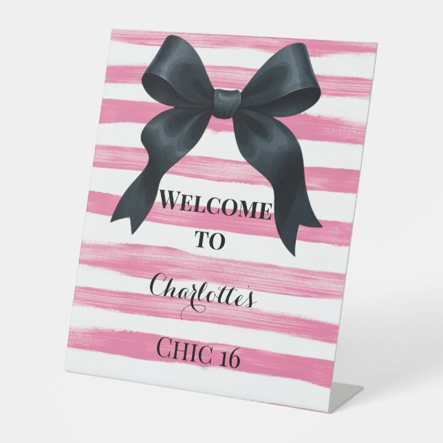 Klassische schwarze Bow Pink Streifen Sockelschild (Vorderseite)