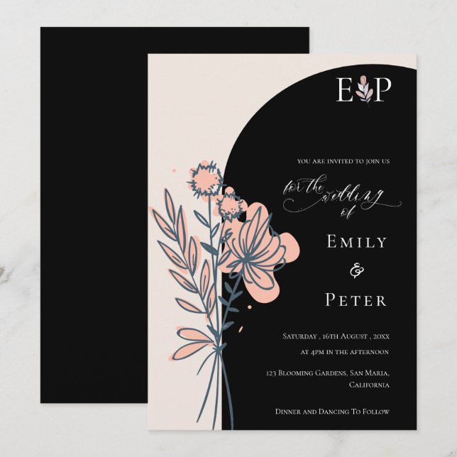 Klassische Schwarze Elegante Hand Drawn Floral Wed Einladung (Vorne/Hinten)