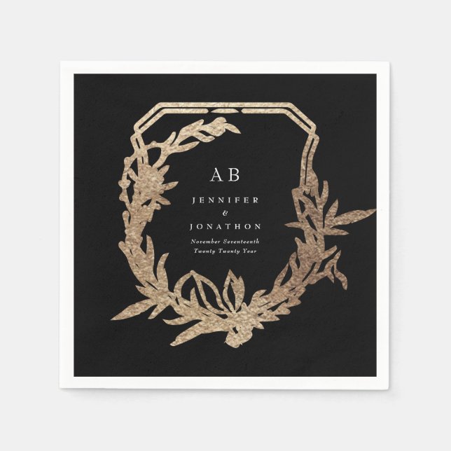 Klassische Schwarze Flora Goldmotiv Mono Hochzeit Serviette (Vorderseite)