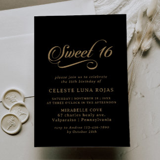 Klassische schwarze und goldene Sweet 16 Geburtsta Einladung