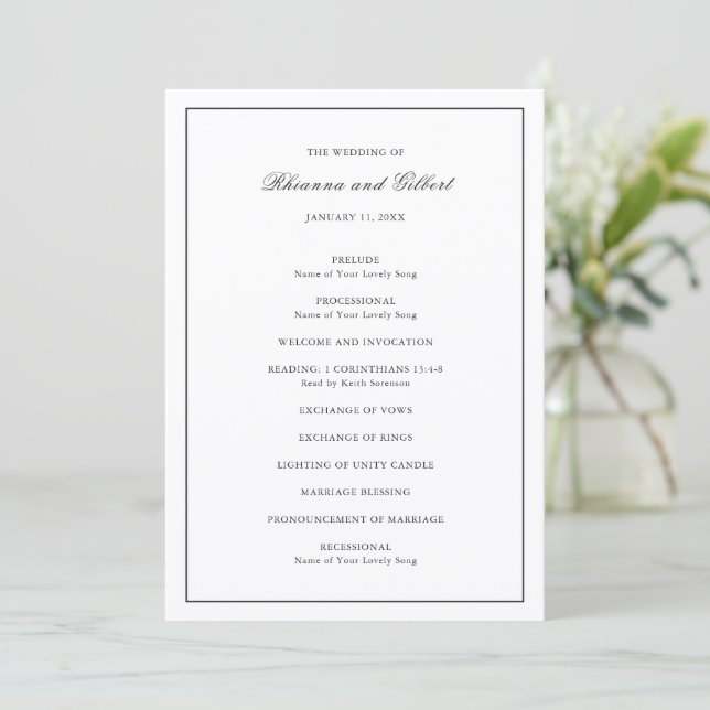 Klassische schwarze und weiße zeitlose Hochzeit Programm (Stehend Vorderseite)