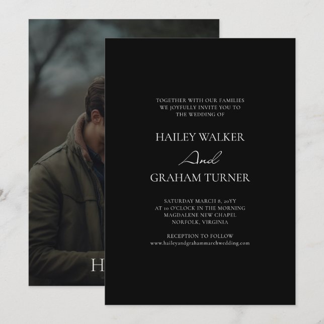 Klassische Script Calligraphy Black Foto Wedding Einladung (Vorne/Hinten)