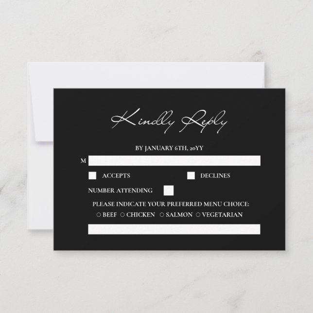 Klassische Script Minimal Calligrafy Black Wedding RSVP Karte (Vorderseite)