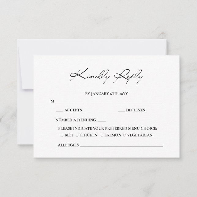 Klassische Script Minimal Calligraphy White Weddin RSVP Karte (Vorderseite)