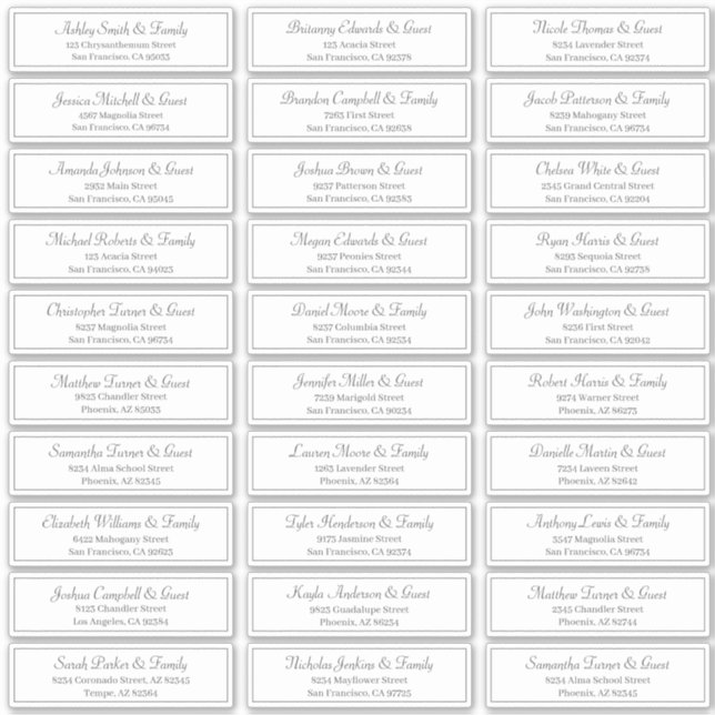 Klassische Skriptadresse für Wedding Guest Names Aufkleber (Vorderseite)