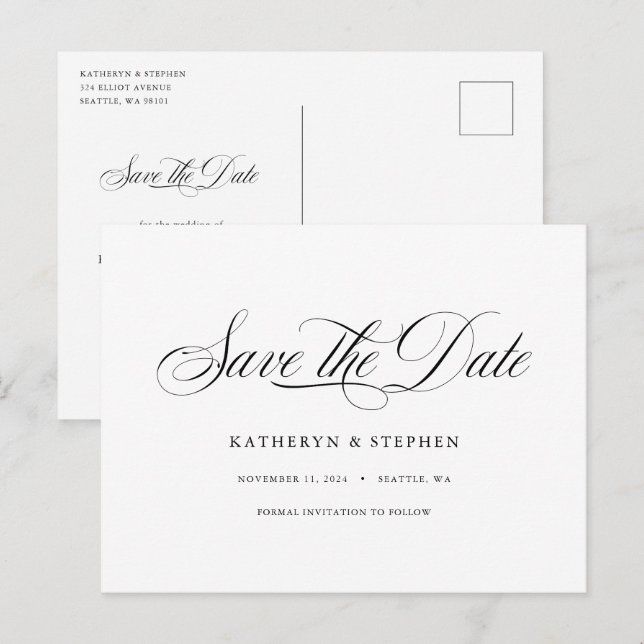 Klassische Skriptkalligrafie Save the Date elegant Postkarte (Vorne/Hinten)