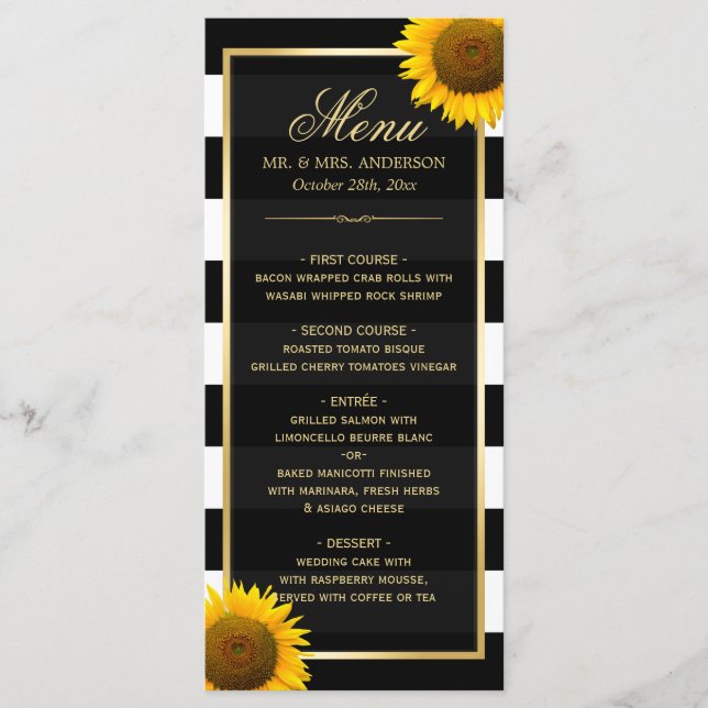 Klassische Sonnenblumen, Schwarz-weißes, gestreift Menükarte (Vorderseite)