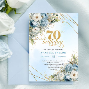 Klassische staubblaue Wasserfarben-Blumen zum 70. Einladung