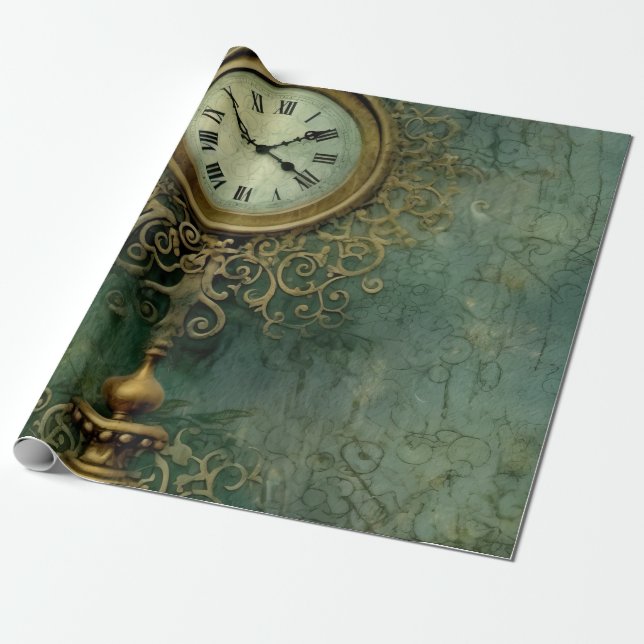Klassische Steampunk-Uhrwerk mit ländlichem Smarag Geschenkpapier (Ungerollt)