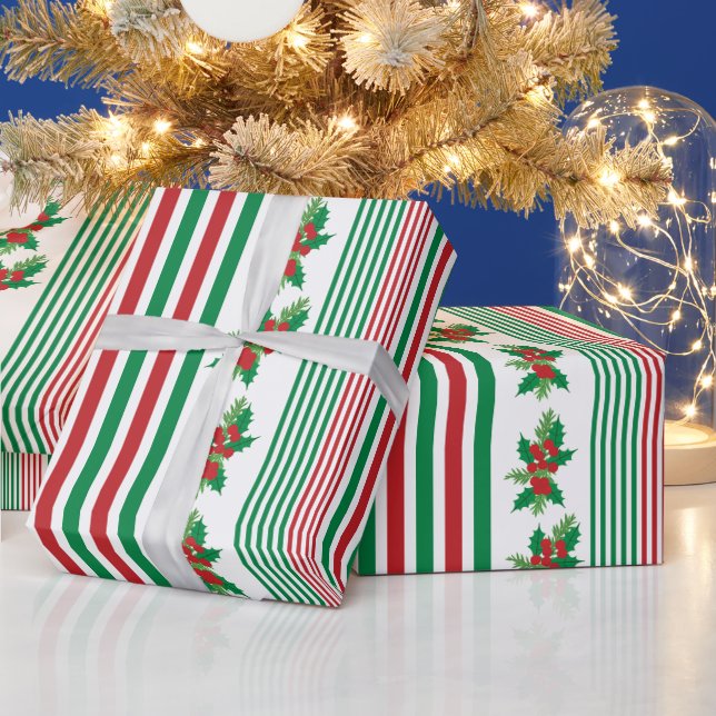 Klassische Streifen mit Holly Geschenkpapier (Feiertage)