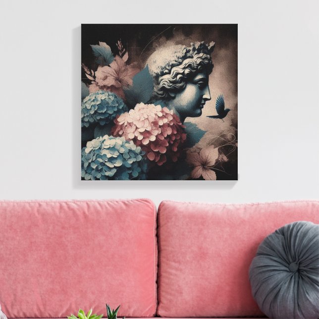 Klassische Szene mit Gipsumstatue und Hydrangea Leinwanddruck (Insitu (Wohnzimmer))
