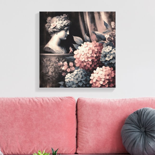 Klassische Szene mit Gipsumstatue und Hydrangea Leinwanddruck (Insitu (Wohnzimmer))