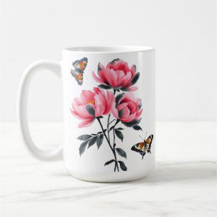 Klassische Tasse - Rosa Peony-Blume, Schmetterling