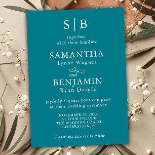 Klassische Teal-Monogramm-Initialen-Hochzeit Einladung