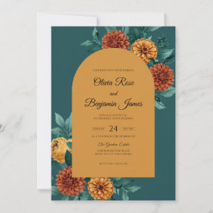 Klassische Teal-Ocker-Dahlien-Hochzeit Einladung