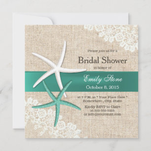Klassische Teal-Seestern-Spitze- und Jute-Hochzeit Einladung
