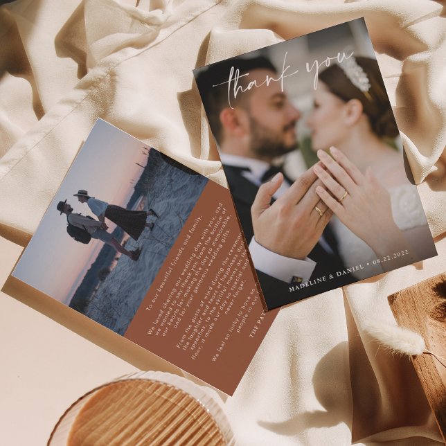 Klassische Terracotta-Schrift mit Foto Wedding Dankeskarte (Von Creator hochgeladen)