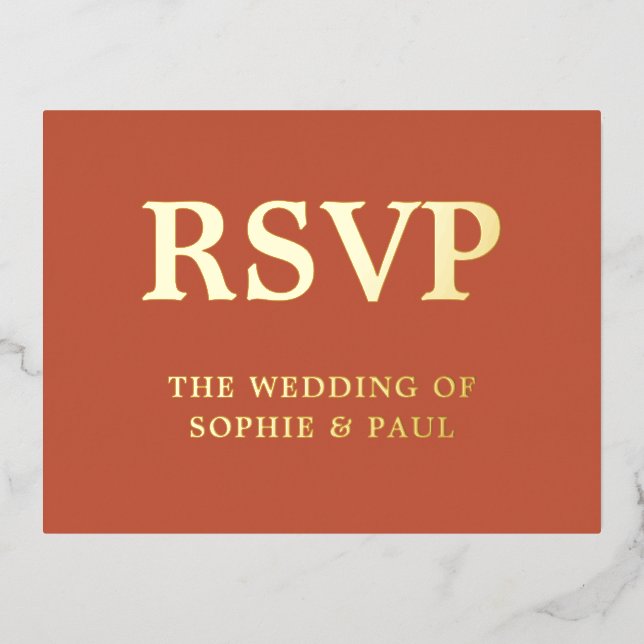 Klassische Terracotta Song Choice Foil RSVP Card Folie Einladungspostkarte (Vorderseite)