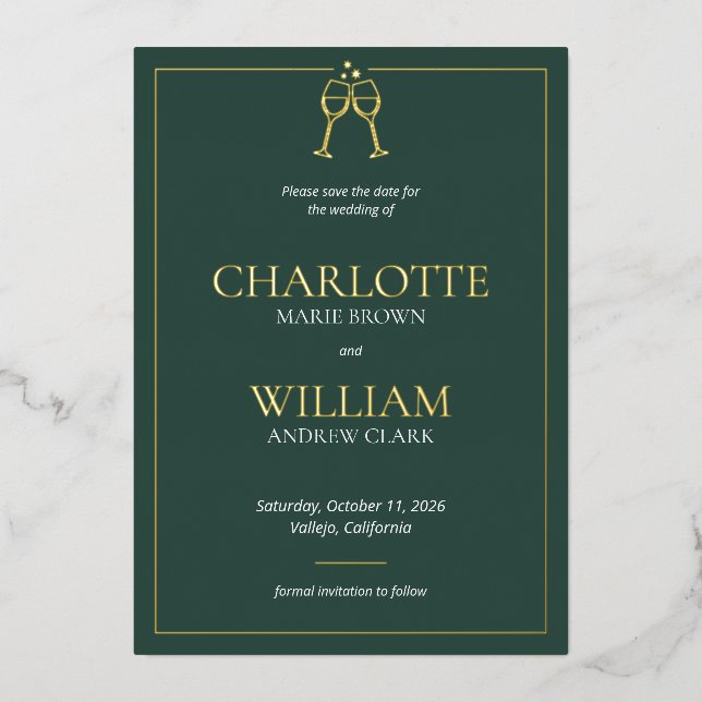 Klassische Toastbrille Hochzeit speichern das Datu Folieneinladung (Vorderseite)