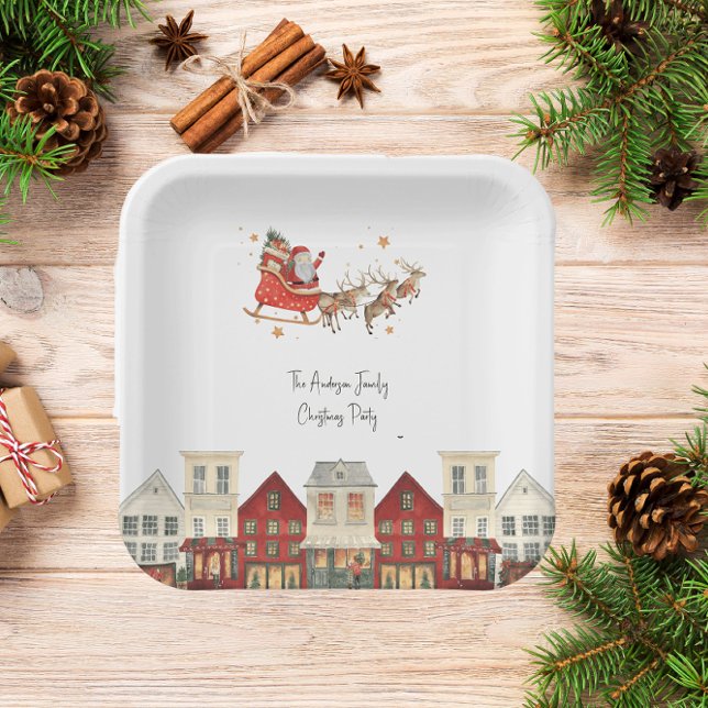 Klassische traditionelle Aquarelltaufe Pappteller (Festive santa and sligh family party paper plates )
