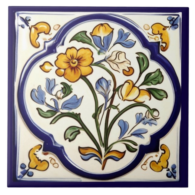 Klassische, traditionelle gelbe Blume Blau Fliese (Vorderseite)