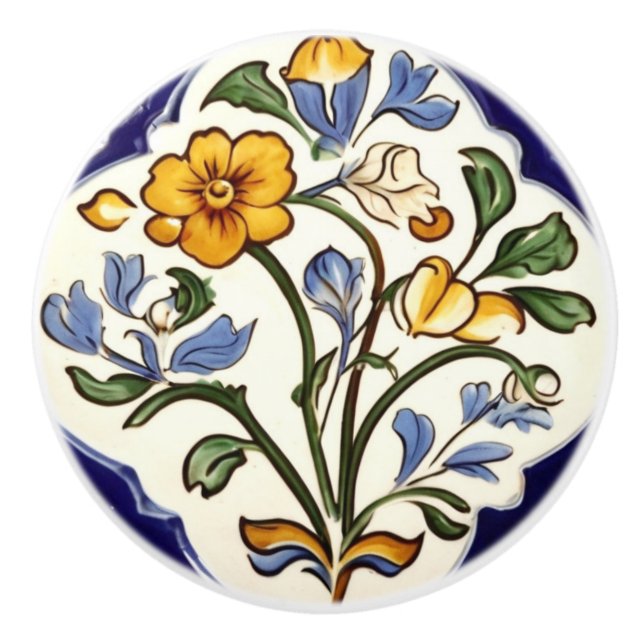 Klassische, traditionelle gelbe Blume Blau Keramikknauf (Vorderseite)