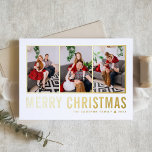 Klassische Typografie Foto Collage Frohe Weihnacht<br><div class="desc">Frohe Weihnachten! Mit dieser individuell gestaltbaren Weihnachts-Foto-Collage-Karte können Sie sich in dieser Saison Ihre Wünsche mitteilen. Es zeichnet sich durch einfache Typografie aus. Personalisieren Sie Ihre Daten durch Hinzufügen von drei Fotos, Namen, Jahr und anderen Details. Diese moderne Weihnachtskarte aus Goldfolie ist in anderen Farben und in einem Karton erhältlich....</div>