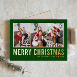 Klassische Typografie Foto Collage Grüne Weihnacht<br><div class="desc">Frohe Weihnachten! Mit dieser individuell gestaltbaren Weihnachts-Foto-Collage-Karte können Sie sich in dieser Saison Ihre Wünsche mitteilen. Es zeichnet sich durch einfache Typografie auf grünem Hintergrund aus. Personalisieren Sie Ihre Daten durch Hinzufügen von drei Fotos, Namen, Jahr und anderen Details. Diese moderne Weihnachtskarte aus Goldfolie ist in anderen Farben und in...</div>