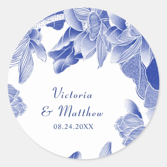 Klassische und moderne Blue White Floral Wedding Runder Aufkleber (Vorderseite)