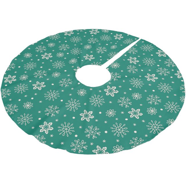 Klassische Verzierte Schneeflocken auf Aquamarinem Polyester Weihnachtsbaumdecke (Schrägansicht)