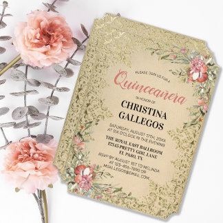 Klassische Vintage Goldene Rosa Zwergquinceanera Einladung