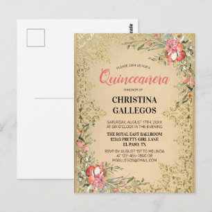 Klassische Vintage Goldene Rosa Zwergquinceanera Postkarte