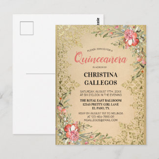Klassische Vintage Goldene Rosa Zwergquinceanera Postkarte