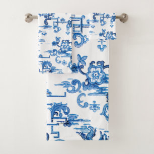 Klassische Vintage Pagode Chinoiserie Blau und Wei Badhandtuch Set
