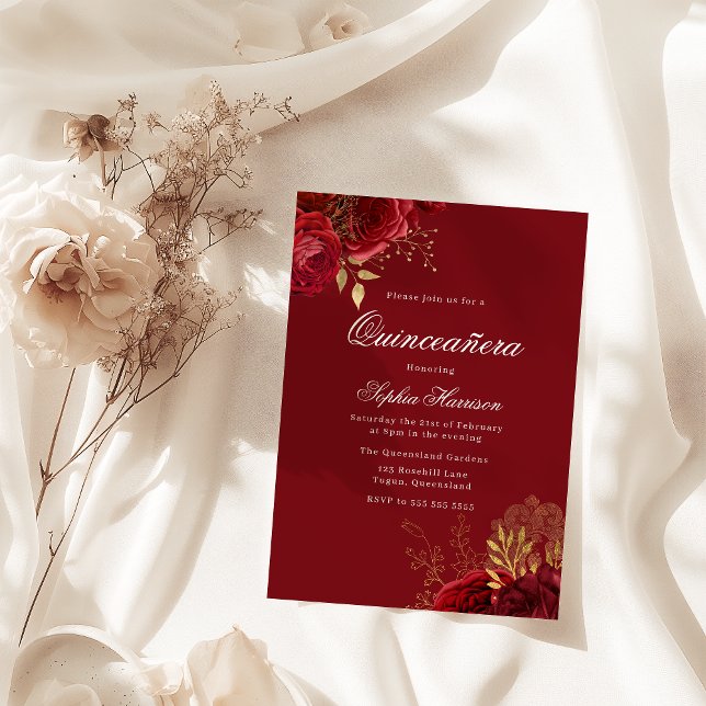 Klassische Vintage Rote Rose & Gold Quinceanera Einladung (Von Creator hochgeladen)