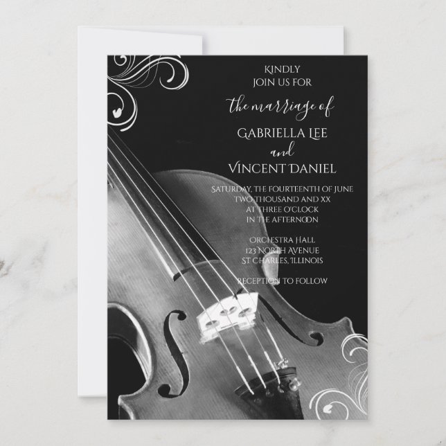 Klassische Violinhochzeit in Schwarz und Weiß Einladung (Vorderseite)