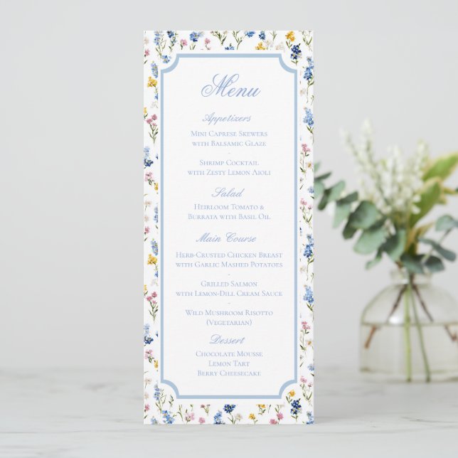 Klassische Wasserfarben-Blumen-Hochzeitsmenü Save The Date (Stehend Vorderseite)