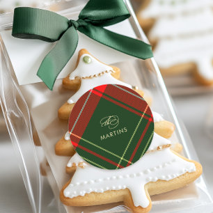 Klassische Weihnachten Kariert mit Name Holiday Runder Aufkleber