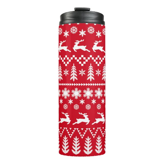Klassische Weihnachten: Rotes, weißes Wintermuster Thermosbecher (Vorderseite)
