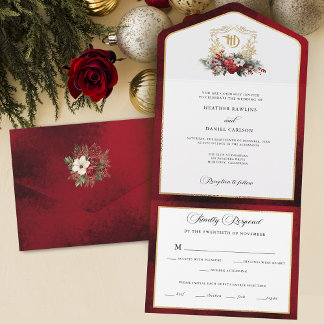 Klassische Weihnachtsblumenfeier Mongram Wedding All In One Einladung