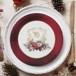 Klassische Weihnachtsblumenfeier Mongram Wedding Pappteller<br><div class="desc">Das zeitlose und elegante und festliche Hochzeitsdesign mit klassisch handgezeichnet goldblühendem Wappen und einem farbenfrohen Spray aus rot-weißen Weihnachtsgebäck und Evergreens. Diese benutzerdefinierte Vorlage enthält bearbeitbare Textfelder sowie ein benutzerdefiniertes rundes Etikett mit goldstrukturierter Grenze. Der Außenrand ist mit einem opulenten,  rubinroten Samt-Hintergrund versehen.</div>