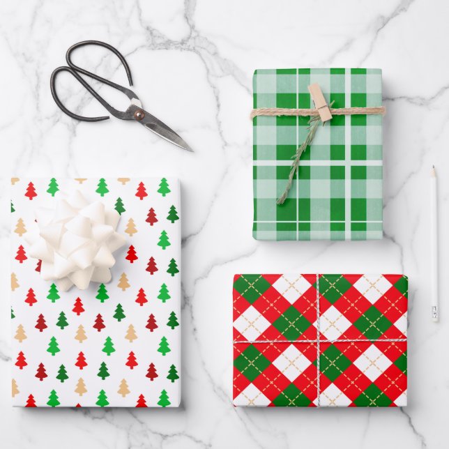 Klassische Weihnachtsmuster Rot und Grün Geschenkpapier Set (Vorderseite)