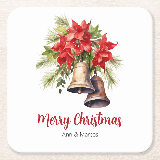 Klassische Weihnachtspoinsettias & Golden Bells Rechteckiger Pappuntersetzer (Vorderseite)